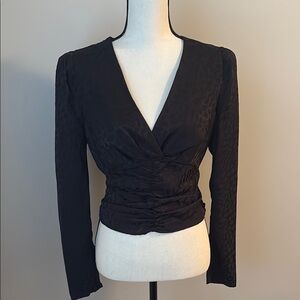 Wayf Black Ruched Animal Print Women's Blouse